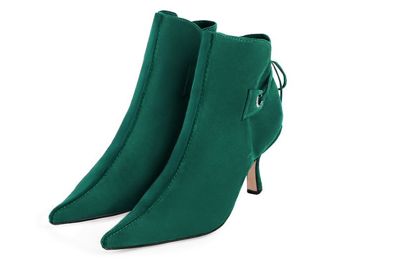 Emerald green women's ankle boots with laces at the back. Pointed toe. High slim heel. Front view - Florence KOOIJMAN